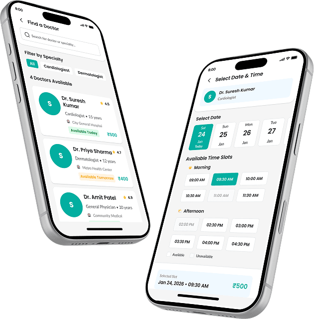 The SwasthPro consultation and appointment screens on two phones